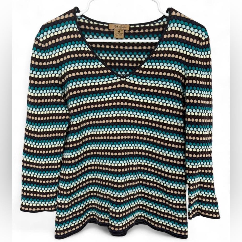 Peck & Peck Vintage Boho Striped Textured Knit V Neck Sweater Medium 100% Cotton